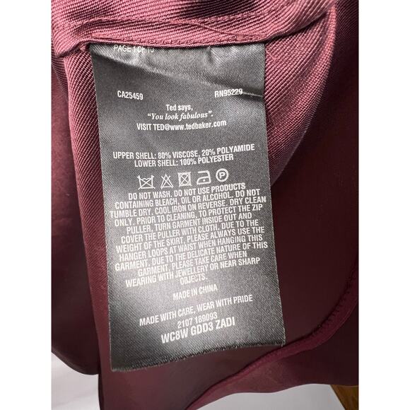 Ted Baker Zadi Dress Burgundy Fit & Flare Satin Skirt Frill Cuff Ruffle Neck - Picture 15 of 15